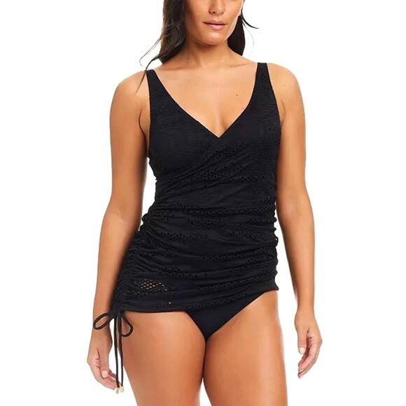 Beyond Control NWT Women's Size 10 Swim Dress Black Tropical Detail Ruched Side - Picture 1 of 9